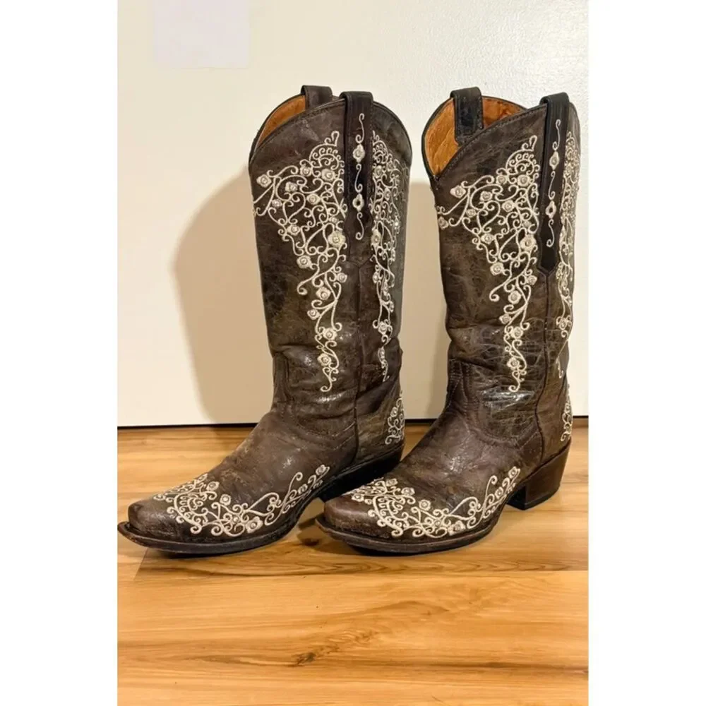Corral Crater Distressed Brown Leather Bone Embroidered Western Boots Size 7